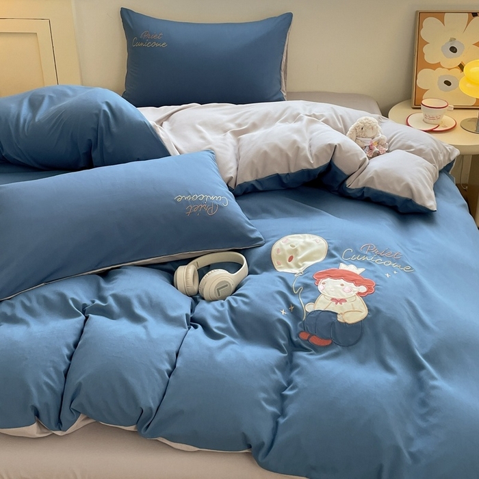 91家纺网 家纺一手货源 找家纺 麦空家居 2025新款抗菌水洗皱棉贴布绣四件套学生三件套-糖果梦 小王子-宾利蓝