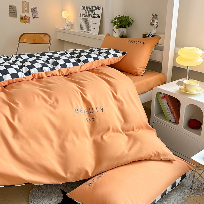 91家纺网 家纺一手货源 找家纺 麦空家居 2025新款 学生季 抗菌水洗棉刺绣学生三件套 - 布丁系列 爱玛橙