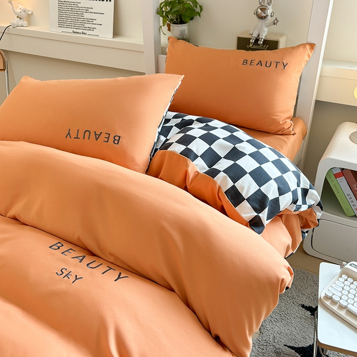 91家纺网 家纺一手货源 找家纺 麦空家居 2025新款 学生季 抗菌水洗棉刺绣学生三件套 - 布丁系列 爱玛橙