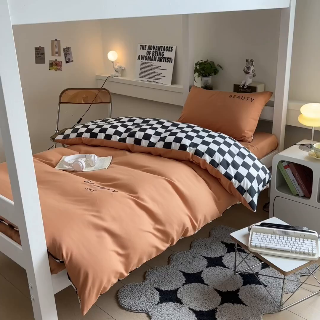 91家纺网 家纺一手货源 找家纺 麦空家居 2025新款 学生季 抗菌水洗棉刺绣学生三件套 - 布丁系列 爱玛橙