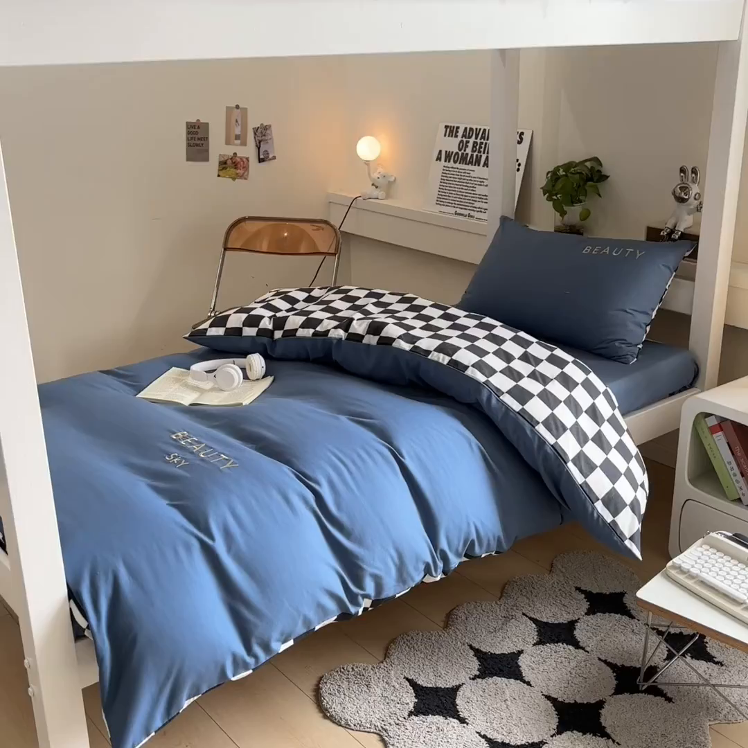 91家纺网 家纺一手货源 找家纺 麦空家居 2025新款 学生季 抗菌水洗棉刺绣学生三件套 - 布丁系列 宾利蓝