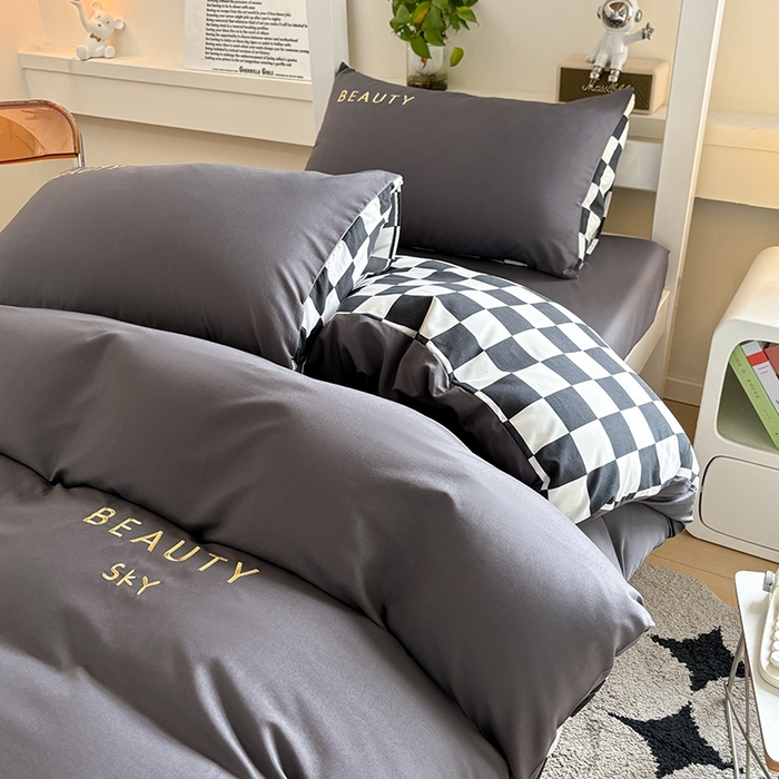 91家纺网 家纺一手货源 找家纺 麦空家居 2025新款 学生季 抗菌水洗棉刺绣学生三件套 - 布丁系列 绅士灰