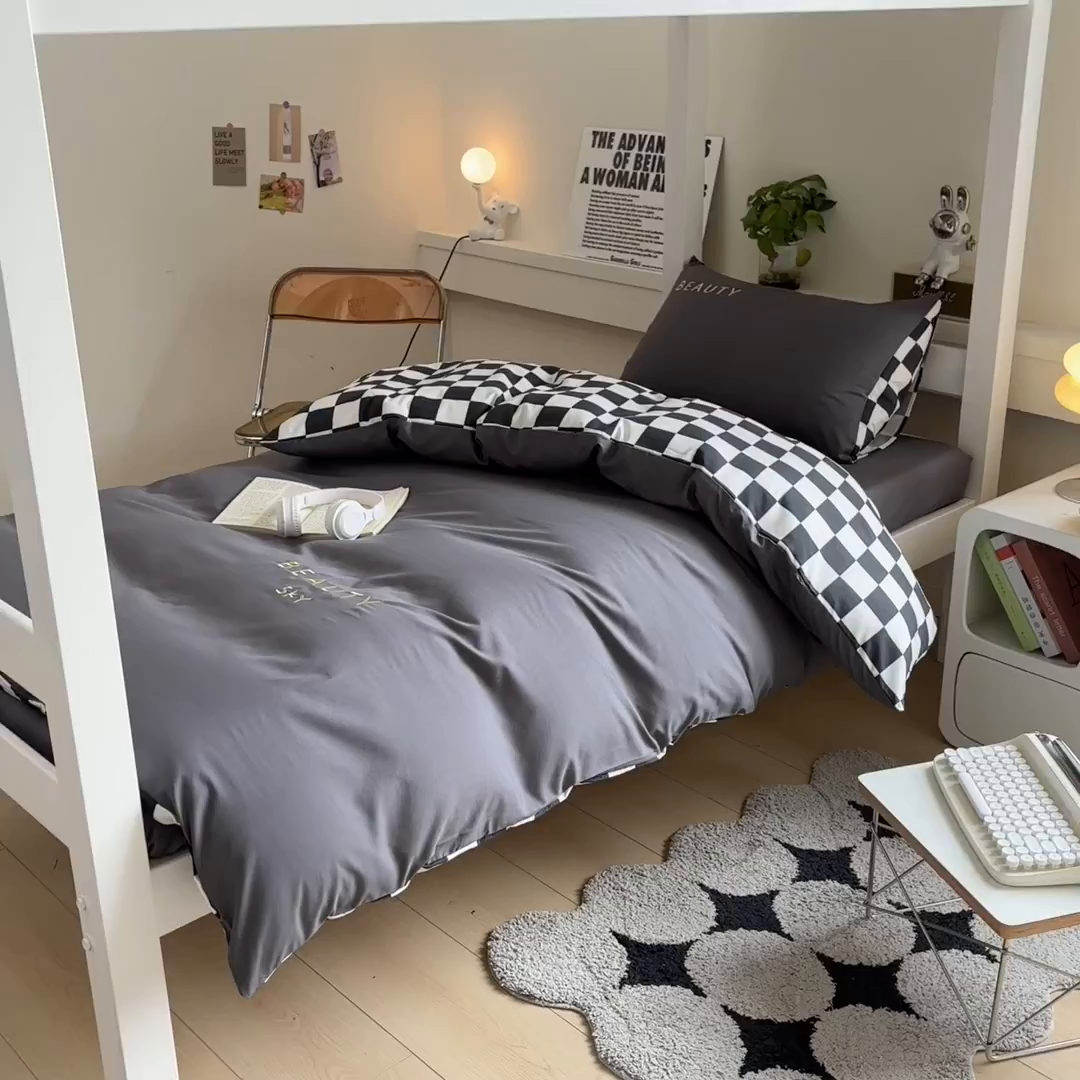 91家纺网 家纺一手货源 找家纺 麦空家居 2025新款 学生季 抗菌水洗棉刺绣学生三件套 - 布丁系列 绅士灰