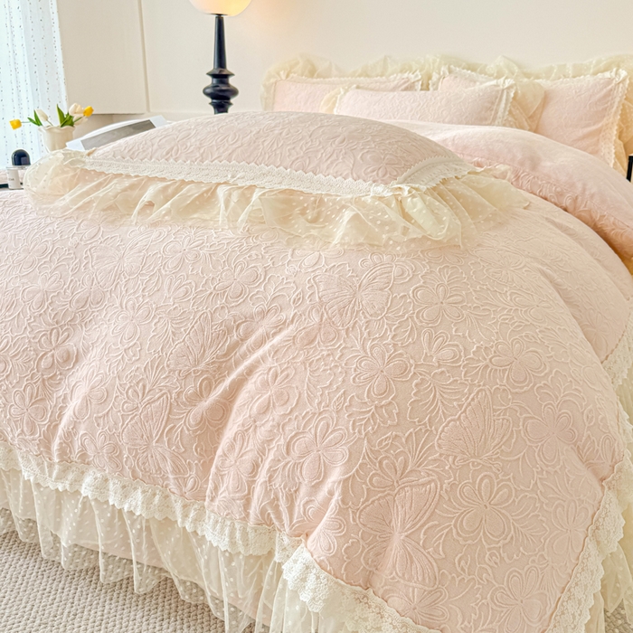 91家纺网 家纺一手货源 找家纺 锦格家纺 2025新款A类高克重雕花牛奶绒花边四件套 梦幻-玉粉