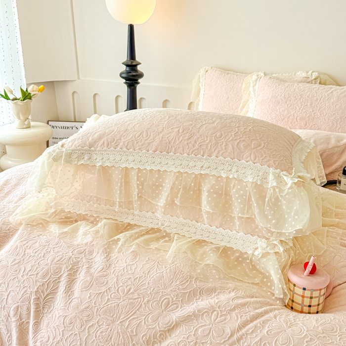 91家纺网 家纺一手货源 找家纺 锦格家纺 2025新款A类高克重雕花牛奶绒花边四件套 梦幻-玉粉