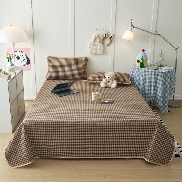 沐纯家居 2025新款色织水洗棉棉绒（大豆纤维填充）床盖三件套 豆丁-咖格