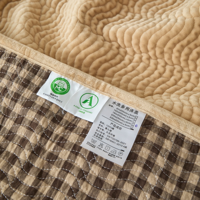 91家纺网 家纺一手货源 找家纺 沐纯家居 2025新款色织水洗棉棉绒（大豆纤维填充）床盖三件套 豆丁-咖格