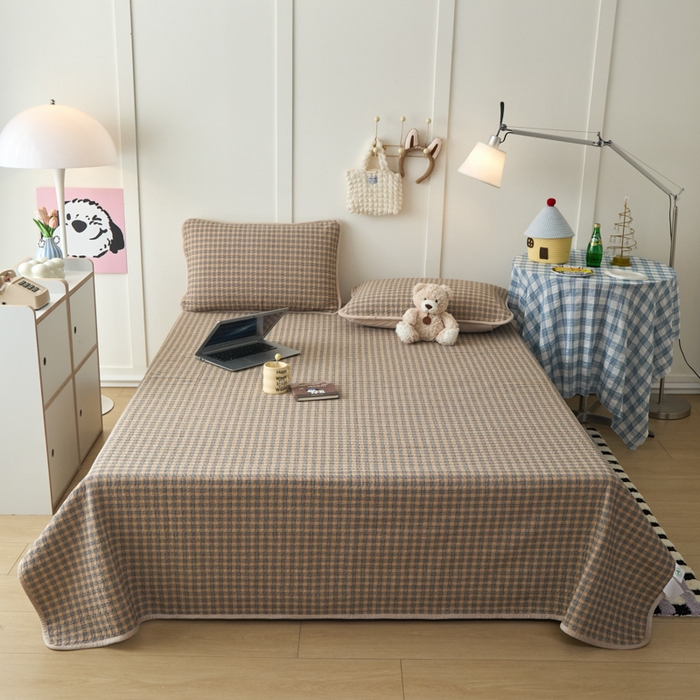 沐纯家居 2025新款色织水洗棉棉绒（大豆纤维填充）床盖三件套 豆丁-卡其