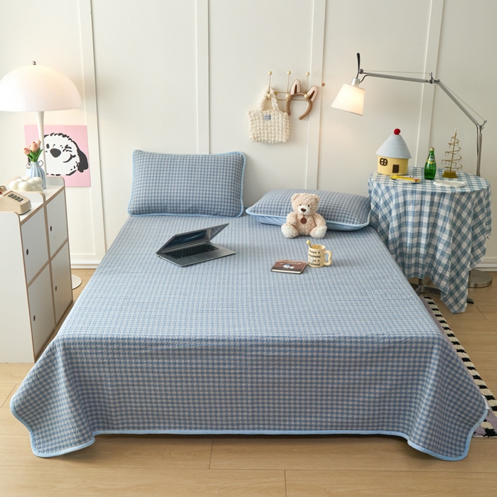 沐纯家居 2025新款色织水洗棉棉绒（大豆纤维填充）床盖三件套 豆丁-蓝格