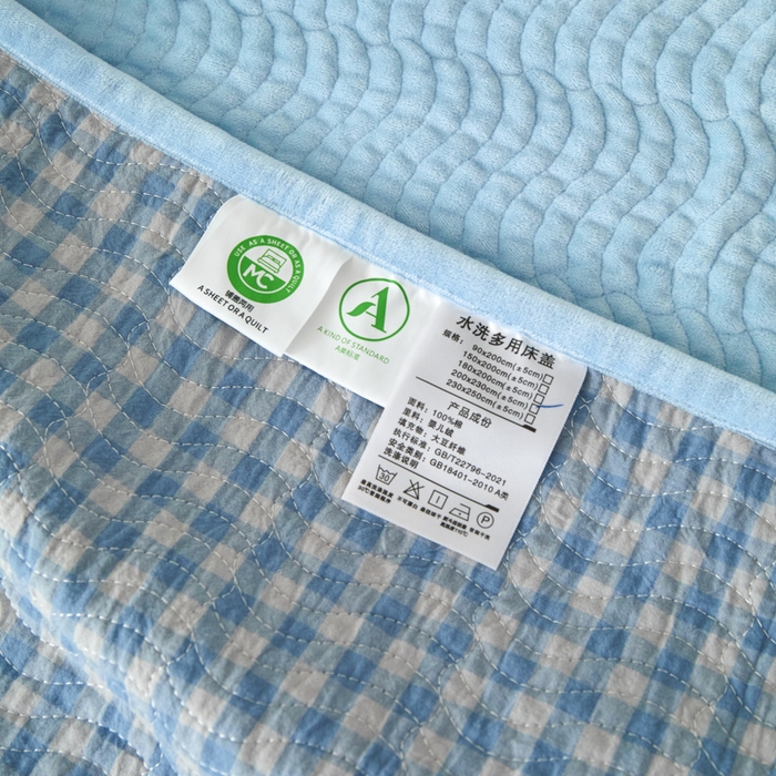 91家纺网 家纺一手货源 找家纺 沐纯家居 2025新款色织水洗棉棉绒（大豆纤维填充）床盖三件套 豆丁-蓝格