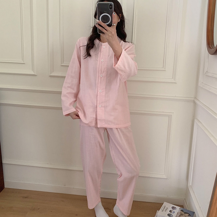 观月轩家纺 2025新款全棉纯棉60支双层纱系列家居服 女款-纯粉色