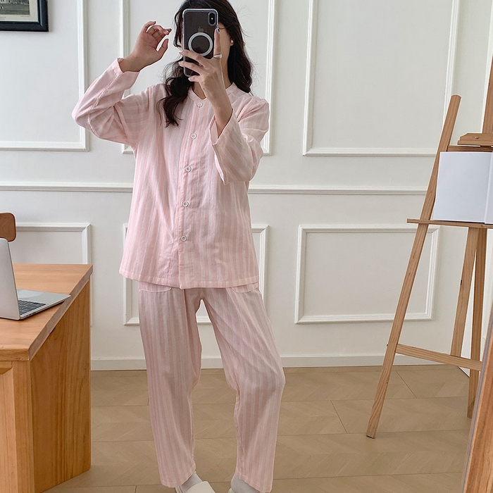 观月轩家纺 2025新款全棉纯棉60支双层纱系列家居服 女款-粉白条