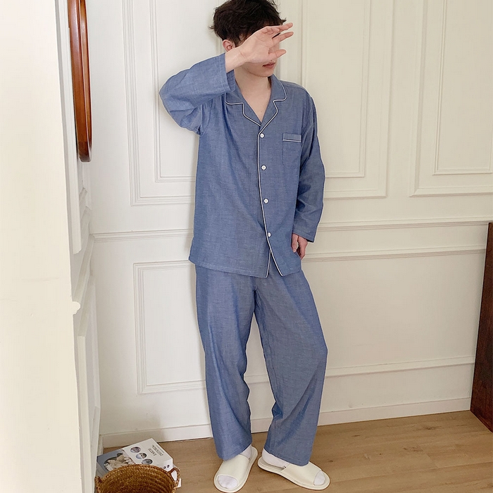 观月轩家纺 2025新款全棉纯棉60支双层纱系列家居服 男款-蓝色