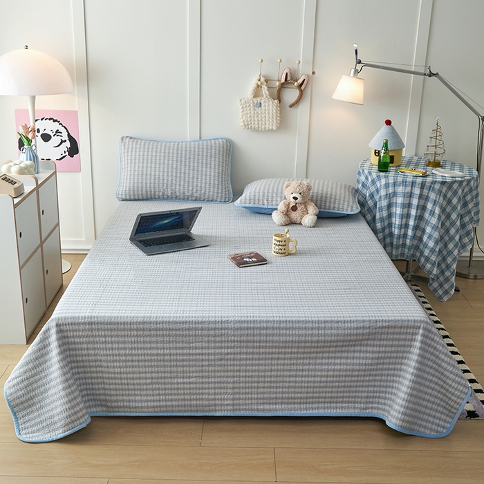 沐纯家居 2025新款色织水洗棉棉绒（大豆纤维填充）床盖三件套 柠檬-蓝