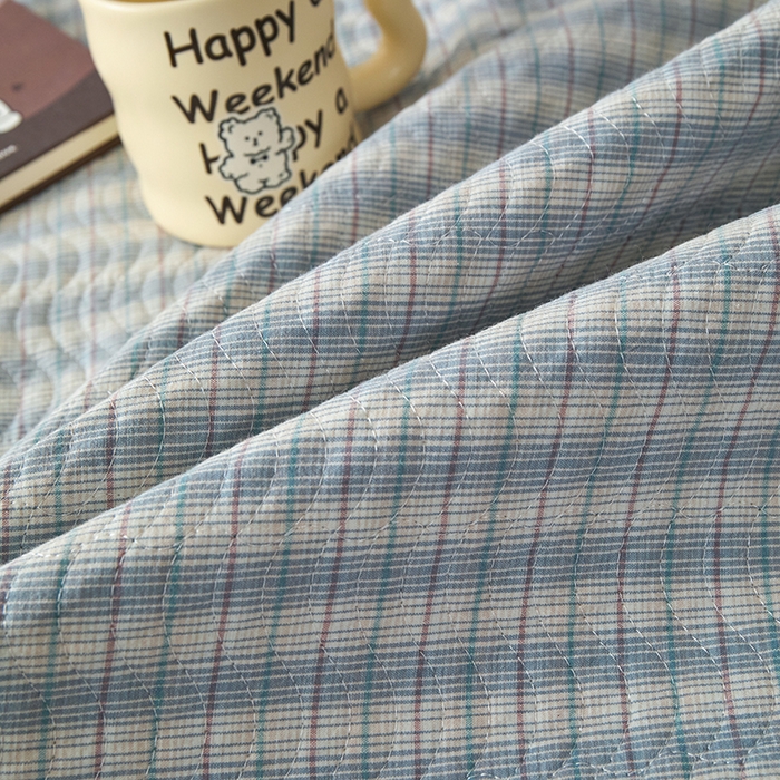 91家纺网 家纺一手货源 找家纺 沐纯家居 2025新款色织水洗棉棉绒（大豆纤维填充）床盖三件套 柠檬-蓝