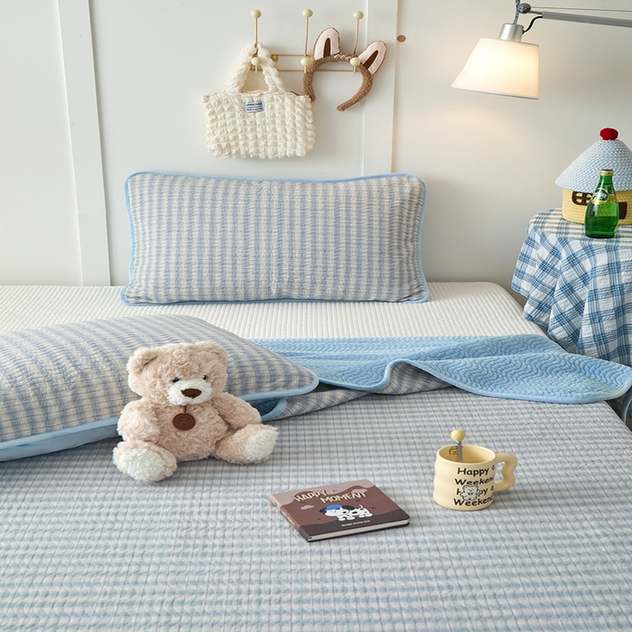 91家纺网 家纺一手货源 找家纺 沐纯家居 2025新款色织水洗棉棉绒（大豆纤维填充）床盖三件套 柠檬-蓝