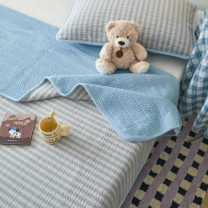 91家纺网 家纺一手货源 找家纺 沐纯家居 2025新款色织水洗棉棉绒（大豆纤维填充）床盖三件套 柠檬-蓝