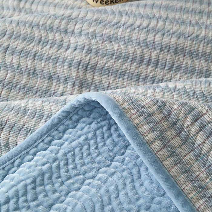 91家纺网 家纺一手货源 找家纺 沐纯家居 2025新款色织水洗棉棉绒（大豆纤维填充）床盖三件套 柠檬-蓝