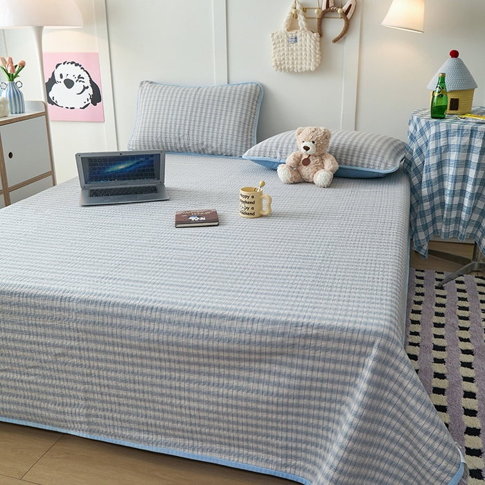 91家纺网 家纺一手货源 找家纺 沐纯家居 2025新款色织水洗棉棉绒（大豆纤维填充）床盖三件套 柠檬-蓝