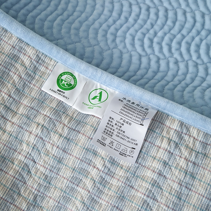 91家纺网 家纺一手货源 找家纺 沐纯家居 2025新款色织水洗棉棉绒（大豆纤维填充）床盖三件套 柠檬-蓝