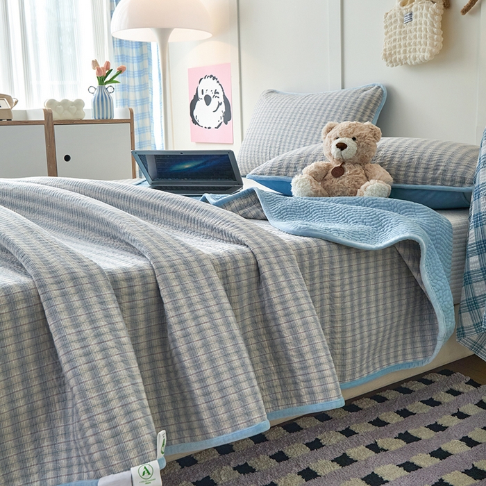 91家纺网 家纺一手货源 找家纺 沐纯家居 2025新款色织水洗棉棉绒（大豆纤维填充）床盖三件套 柠檬-蓝