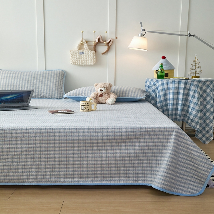 91家纺网 家纺一手货源 找家纺 沐纯家居 2025新款色织水洗棉棉绒（大豆纤维填充）床盖三件套 柠檬-蓝