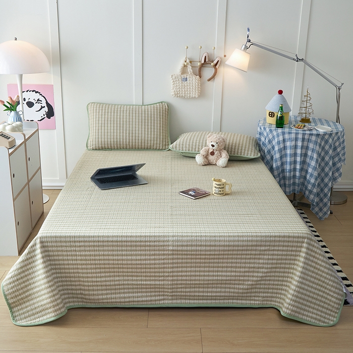 沐纯家居 2025新款色织水洗棉棉绒（大豆纤维填充）床盖三件套 柠檬-绿