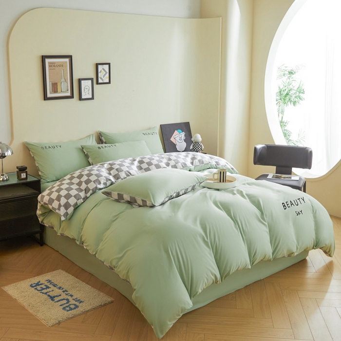 91家纺网 家纺一手货源 找家纺 （总）麦空家居 2025新款水洗棉刺绣四件套-布丁（棋盘格）