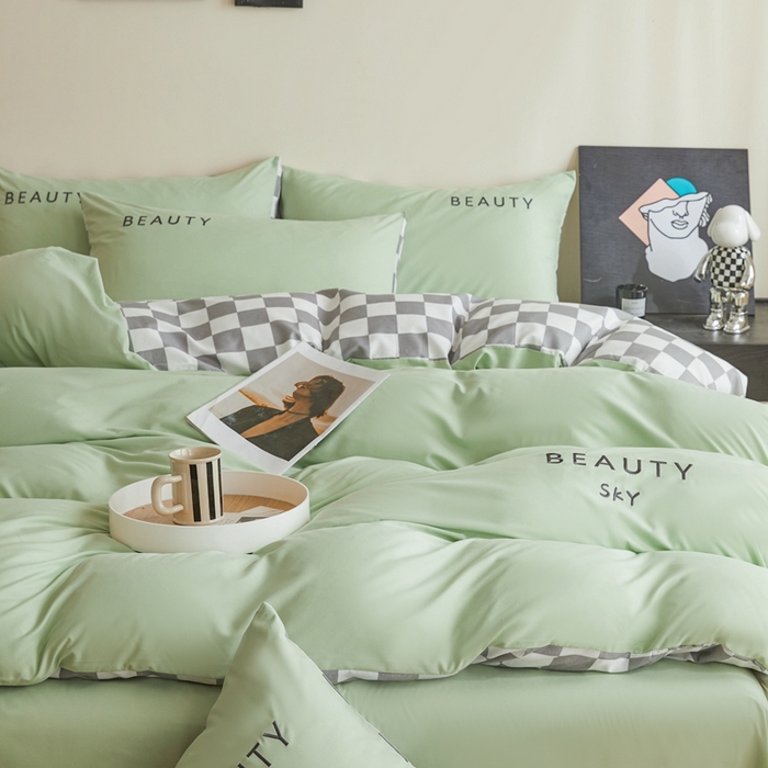 91家纺网 家纺一手货源 找家纺 （总）麦空家居 2025新款水洗棉刺绣四件套-布丁（棋盘格）