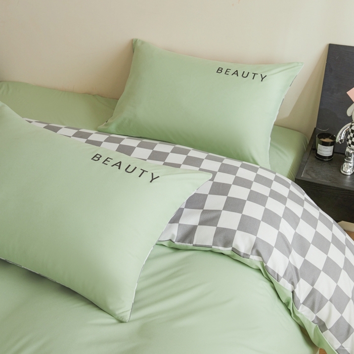 91家纺网 家纺一手货源 找家纺 （总）麦空家居 2025新款水洗棉刺绣四件套-布丁（棋盘格）