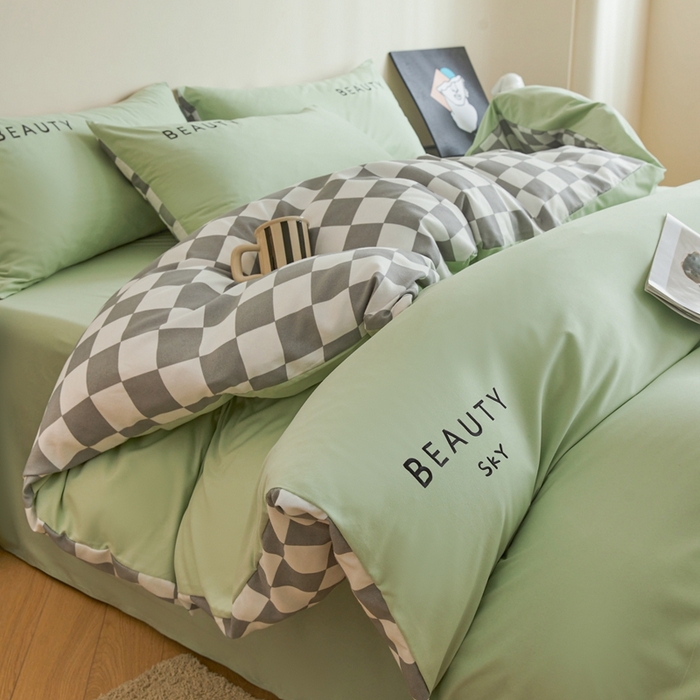 麦空家居 2025新款水洗棉刺绣四件套-布丁（棋盘格） 牛油果