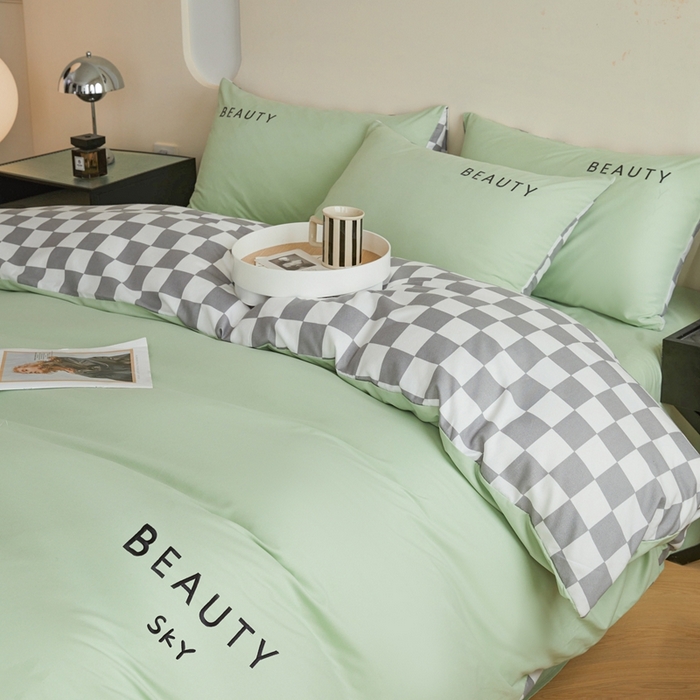 91家纺网 家纺一手货源 找家纺 麦空家居 2025新款水洗棉刺绣四件套-布丁（棋盘格） 牛油果