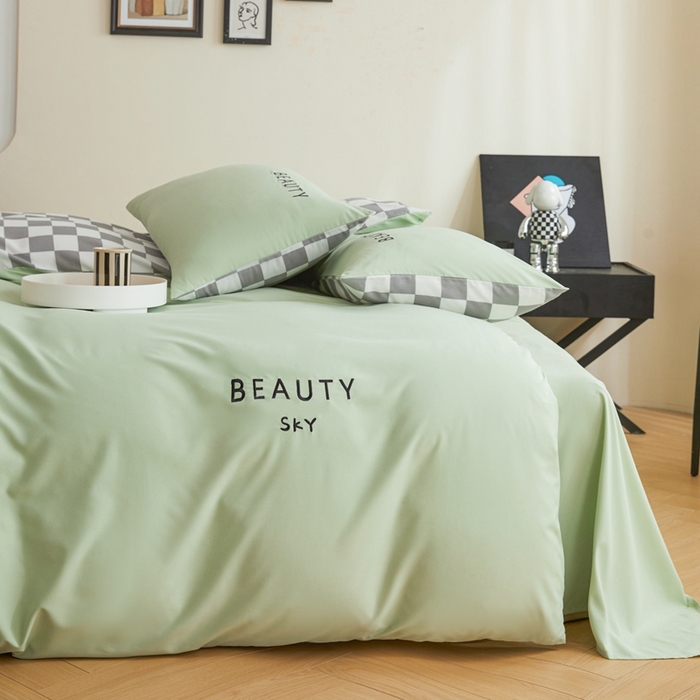 91家纺网 家纺一手货源 找家纺 麦空家居 2025新款水洗棉刺绣四件套-布丁（棋盘格） 牛油果