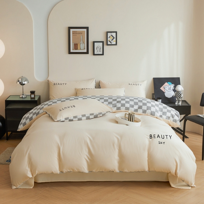 91家纺网 家纺一手货源 找家纺 麦空家居 2025新款水洗棉刺绣四件套-布丁（棋盘格） 奶昔白