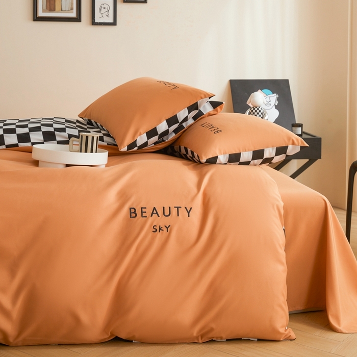 91家纺网 家纺一手货源 找家纺 麦空家居 2025新款水洗棉刺绣四件套-布丁（棋盘格） 爱马橙