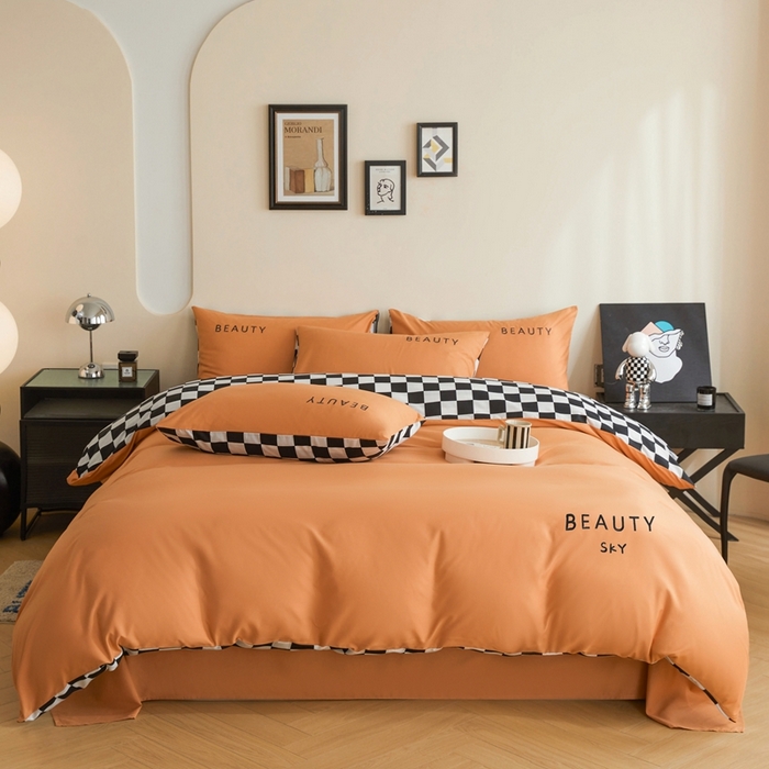 91家纺网 家纺一手货源 找家纺 麦空家居 2025新款水洗棉刺绣四件套-布丁（棋盘格） 爱马橙