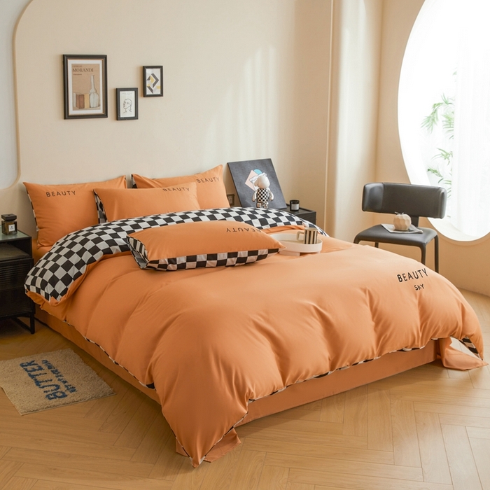 91家纺网 家纺一手货源 找家纺 麦空家居 2025新款水洗棉刺绣四件套-布丁（棋盘格） 爱马橙