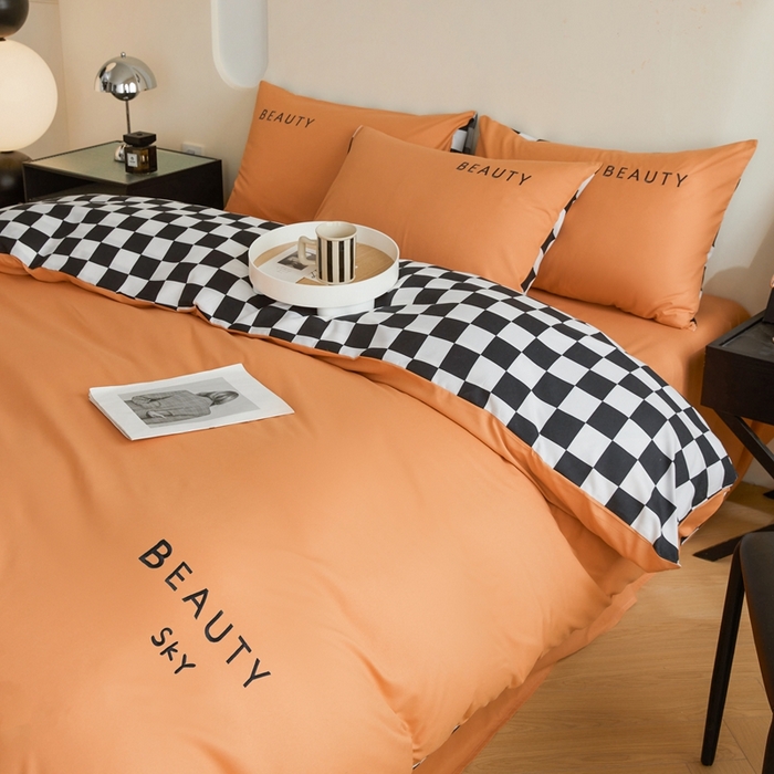 91家纺网 家纺一手货源 找家纺 麦空家居 2025新款水洗棉刺绣四件套-布丁（棋盘格） 爱马橙