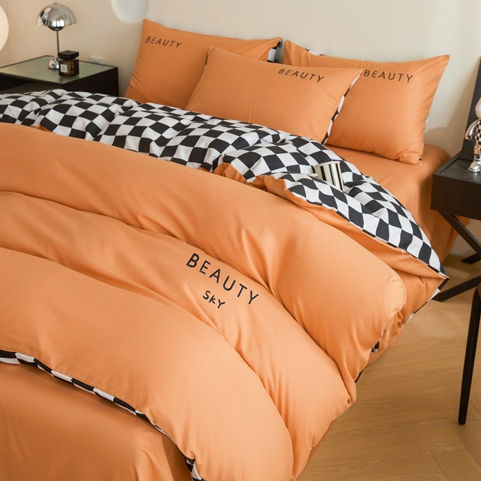 91家纺网 家纺一手货源 找家纺 麦空家居 2025新款水洗棉刺绣四件套-布丁（棋盘格） 爱马橙