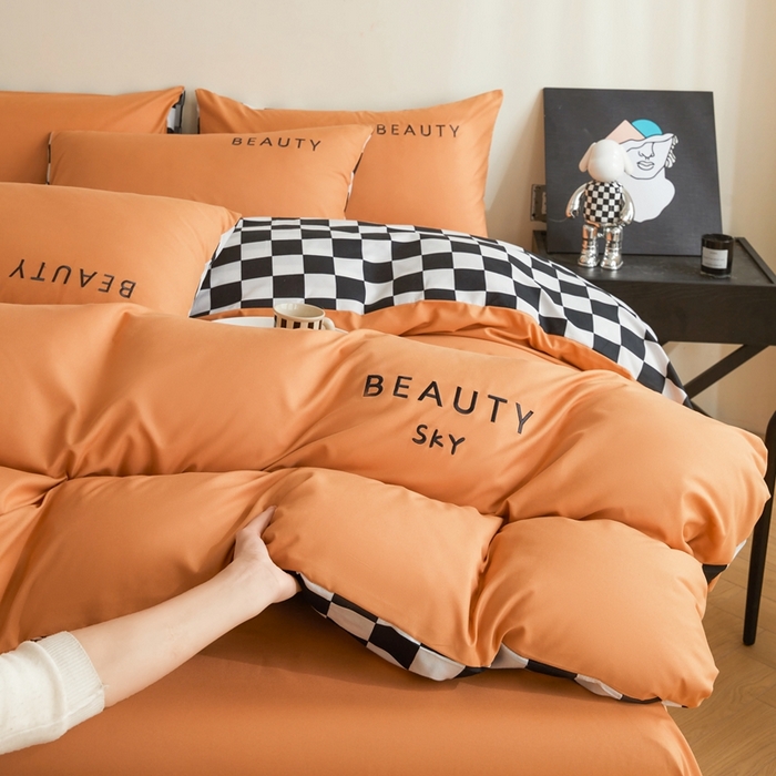 91家纺网 家纺一手货源 找家纺 麦空家居 2025新款水洗棉刺绣四件套-布丁（棋盘格） 爱马橙