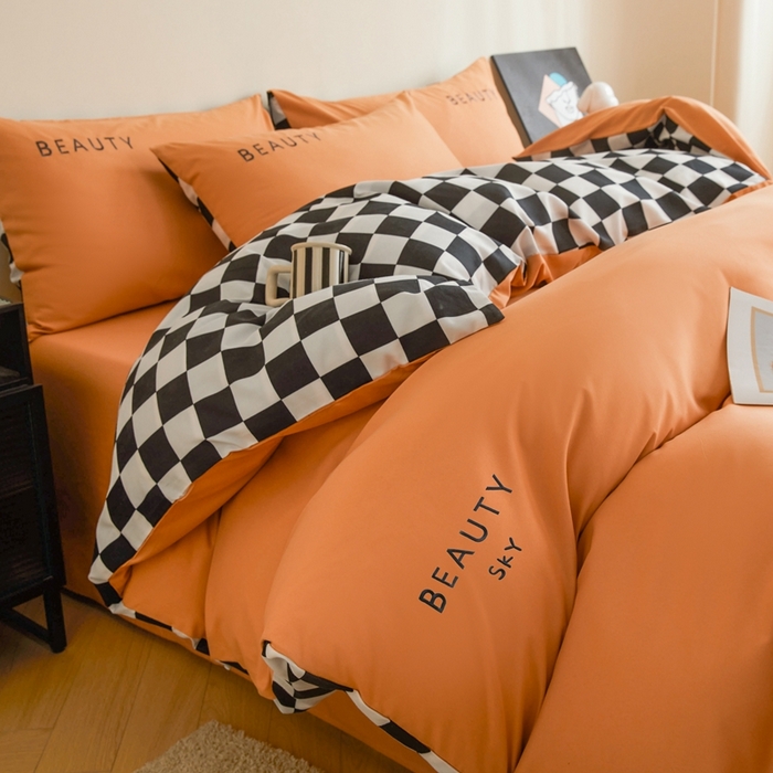 91家纺网 家纺一手货源 找家纺 麦空家居 2025新款水洗棉刺绣四件套-布丁（棋盘格） 爱马橙