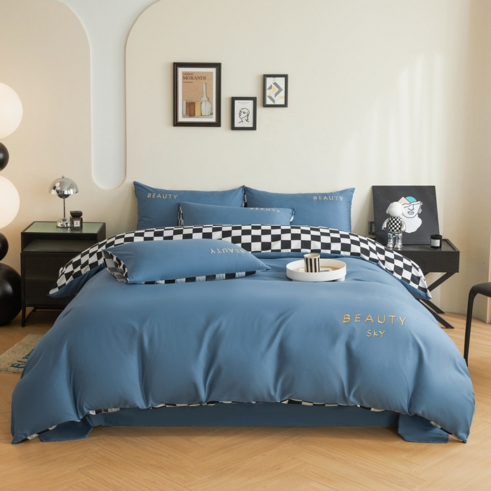 91家纺网 家纺一手货源 找家纺 麦空家居 2025新款水洗棉刺绣四件套-布丁（棋盘格） 宾利蓝