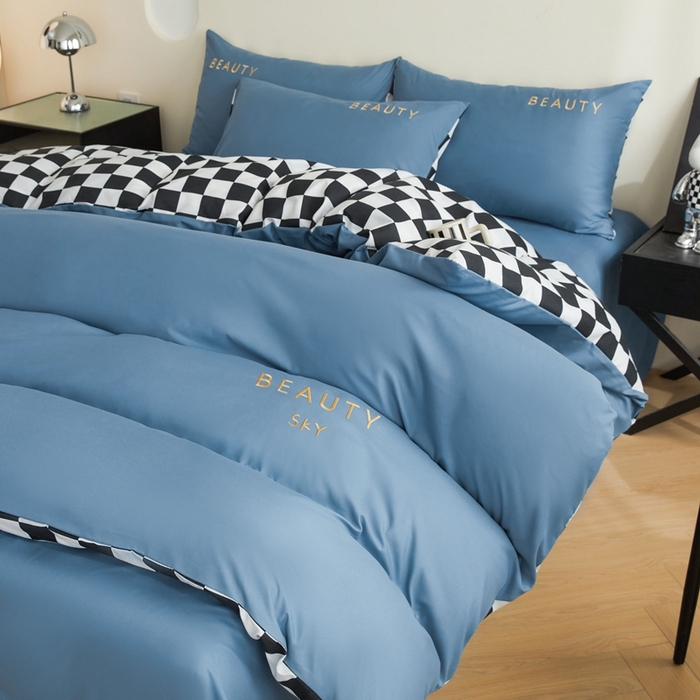 91家纺网 家纺一手货源 找家纺 麦空家居 2025新款水洗棉刺绣四件套-布丁（棋盘格） 宾利蓝