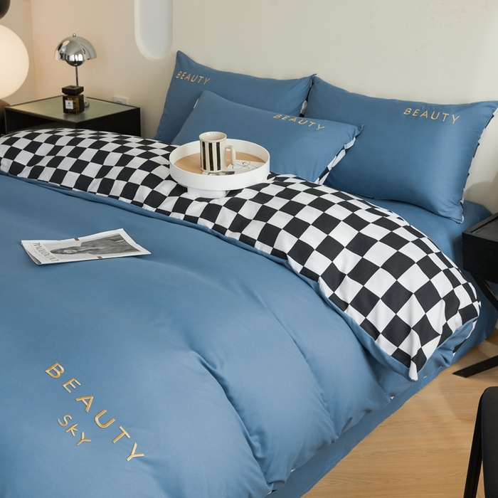 91家纺网 家纺一手货源 找家纺 麦空家居 2025新款水洗棉刺绣四件套-布丁（棋盘格） 宾利蓝