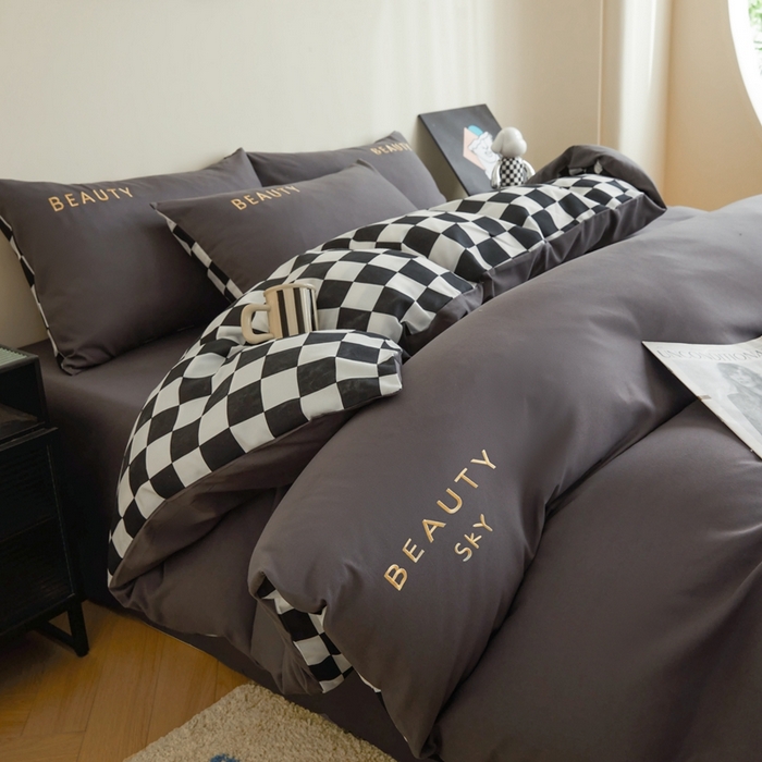 麦空家居 2025新款水洗棉刺绣四件套-布丁（棋盘格） 绅士灰