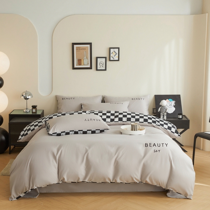 91家纺网 家纺一手货源 找家纺 麦空家居 2025新款水洗棉刺绣四件套-布丁（棋盘格） 高山灰