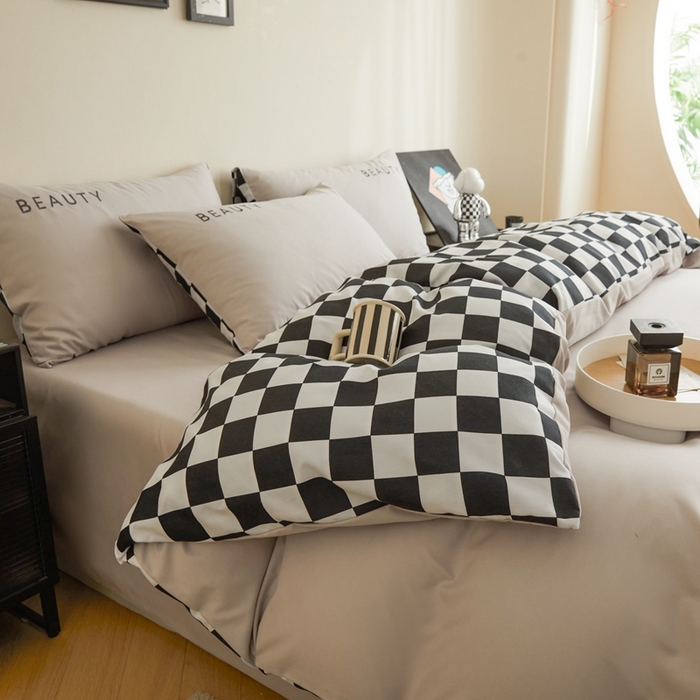 91家纺网 家纺一手货源 找家纺 麦空家居 2025新款水洗棉刺绣四件套-布丁（棋盘格） 高山灰