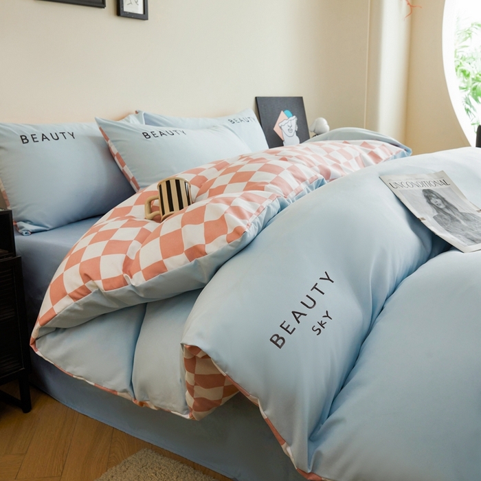 麦空家居 2025新款水洗棉刺绣四件套-布丁（棋盘格） 天空兰