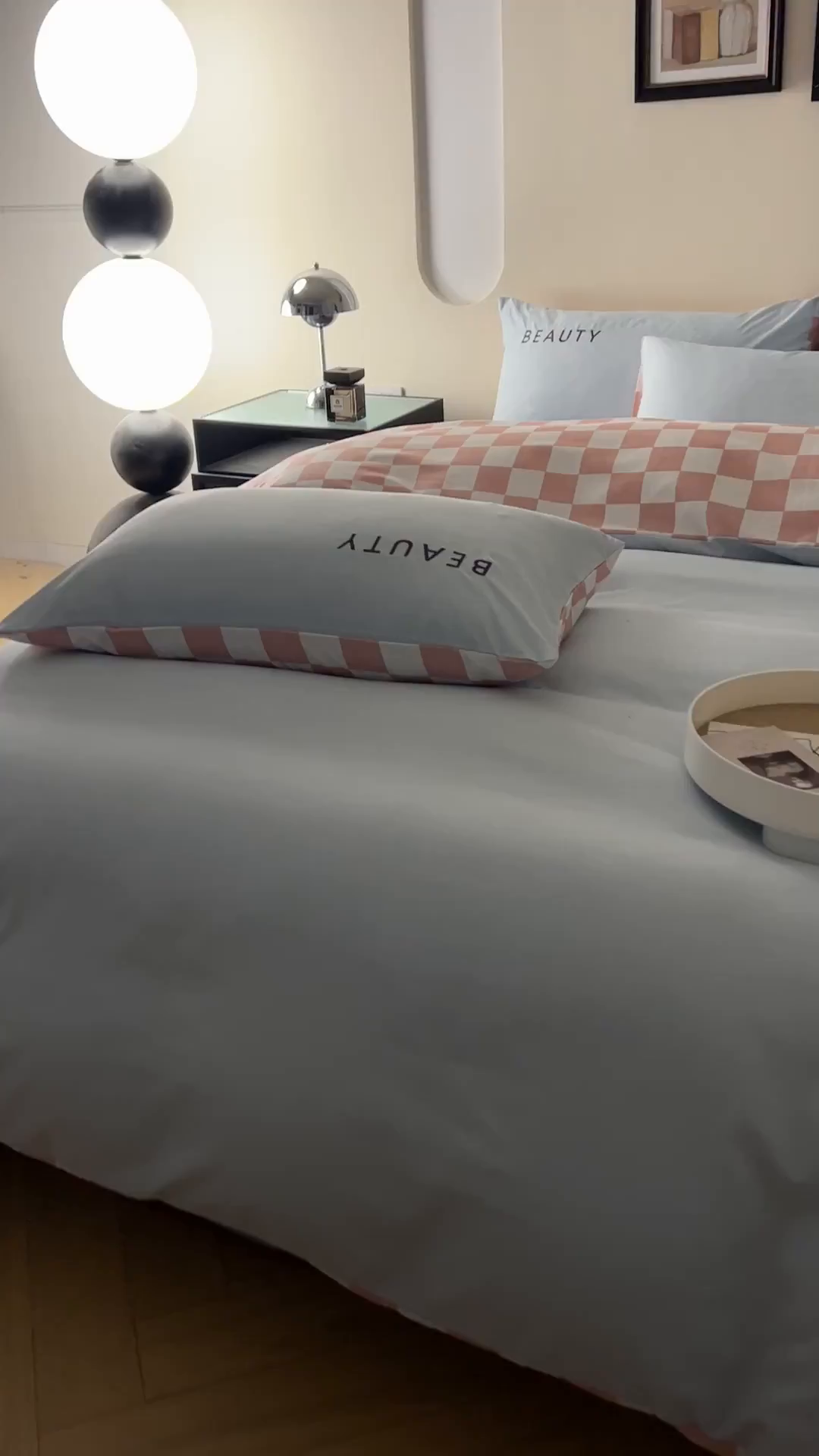 91家纺网 家纺一手货源 找家纺 麦空家居 2025新款水洗棉刺绣四件套-布丁（棋盘格） 天空兰