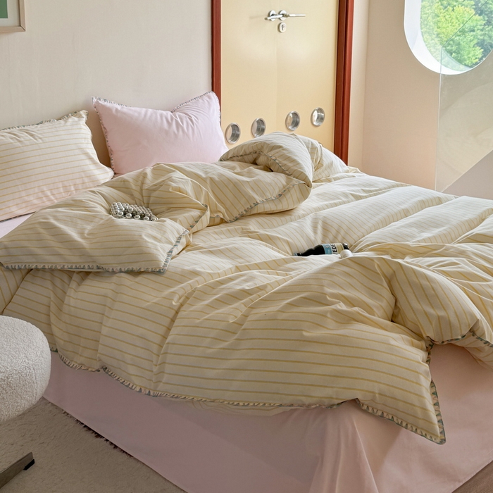 91家纺网 家纺一手货源 找家纺 艾莱家纺 2025新款七彩贝壳全棉加厚超柔磨毛四件套 幻珊-黄粉中条